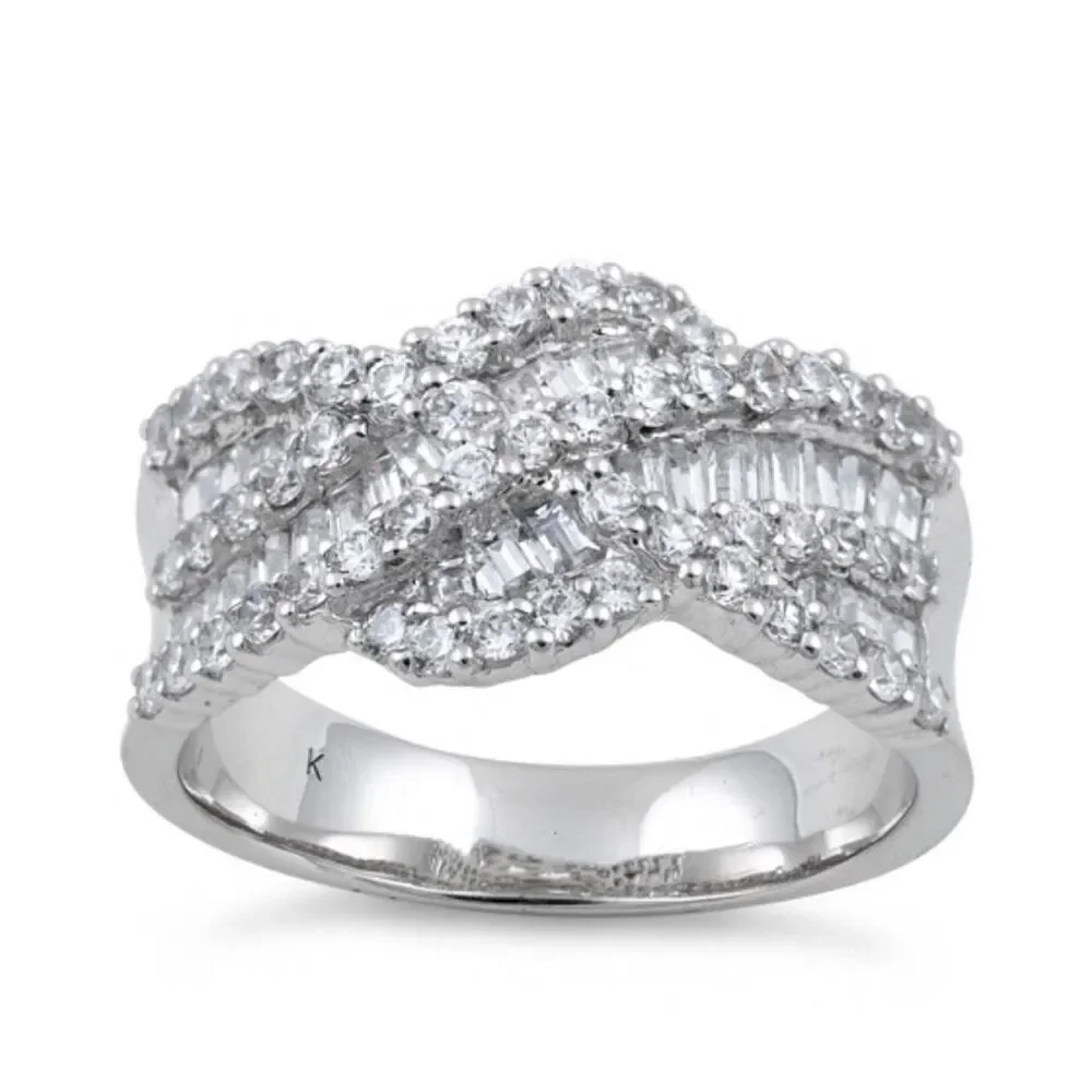 Sterling Silver Elegant Wave Pattern Clear CZ Ring New